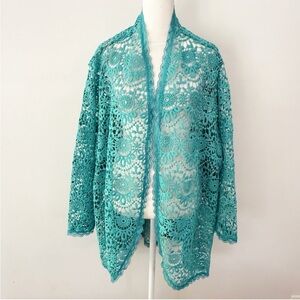 Vintage Women Open Crochet Topper Boho Festival Beachy Wearable Art Hippie Blue